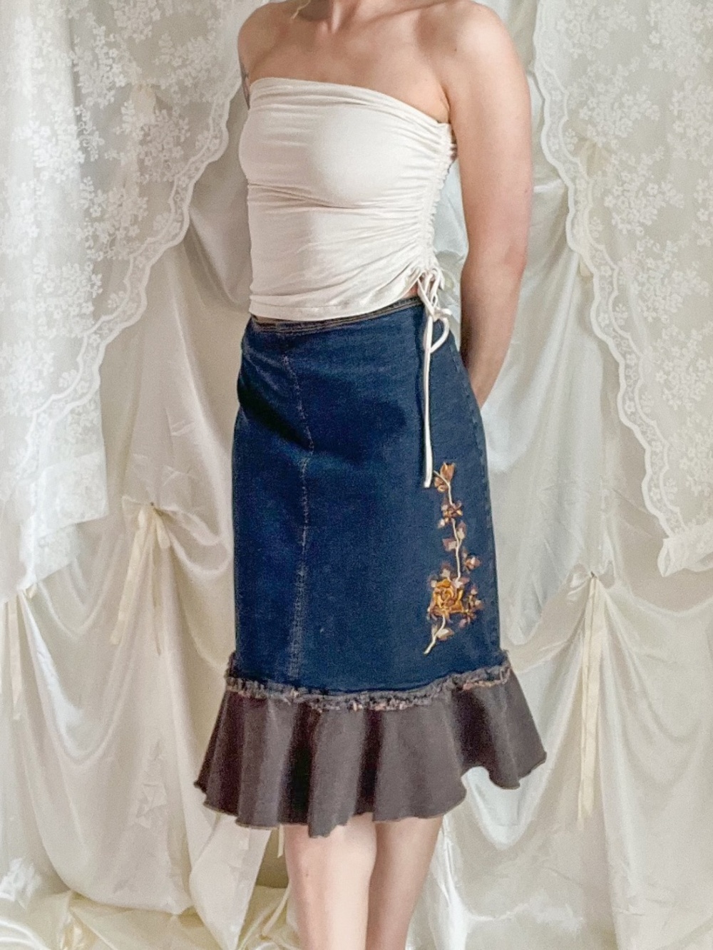Vintage Embroidered Denim Mermaid Midi Skirt Boho Prairie Cottagecore